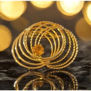 Vintage Gold Toned Yellow Rhinestone Layered Circle Brooch Pin